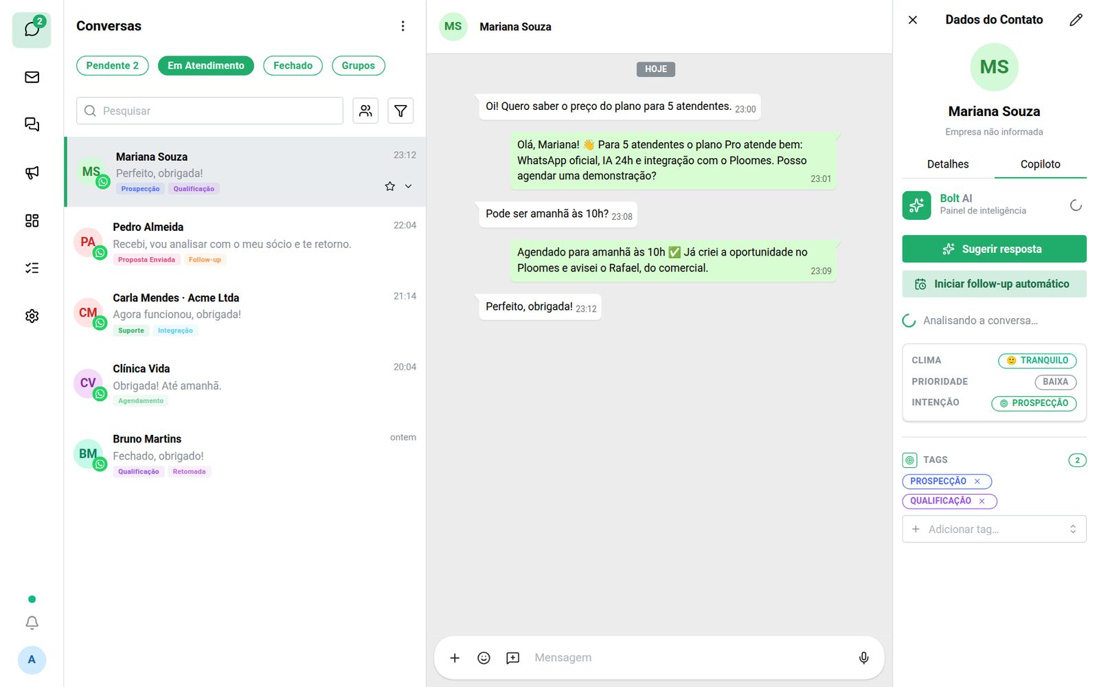 Caixa de entrada do Bolt com conversas de pacientes por canal